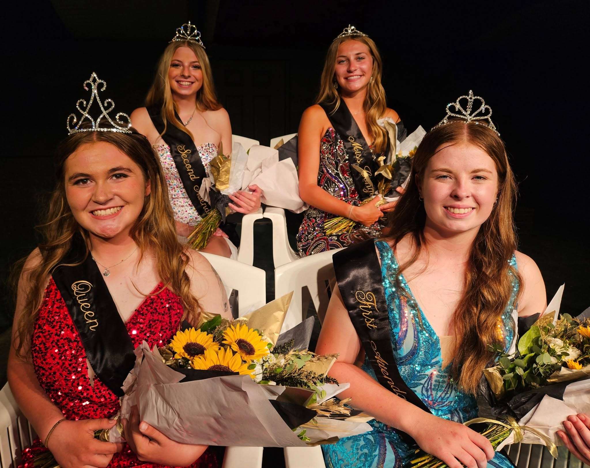 2025 Box Butte Co. Fair Royalty. Front L-R is Queen Ryggin Meyer and 1st Attendant Rozlyn Wills. Back L-R is 2nd Attendant Brenna Schumacher and Miss Congeniality Alexis Libsack