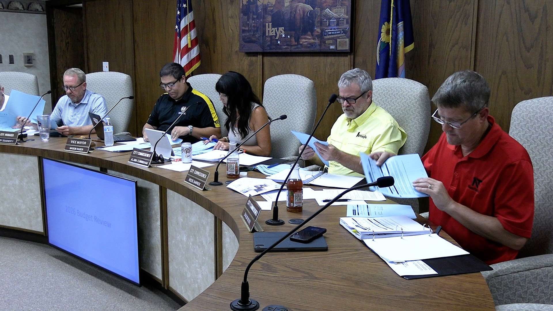 Hays city commissioners and City Manager Toby Dougherty (left) discuss changes to the draft 2026 budget during the Aug. 7 work session. Photo by Becky Kiser/Hays Post