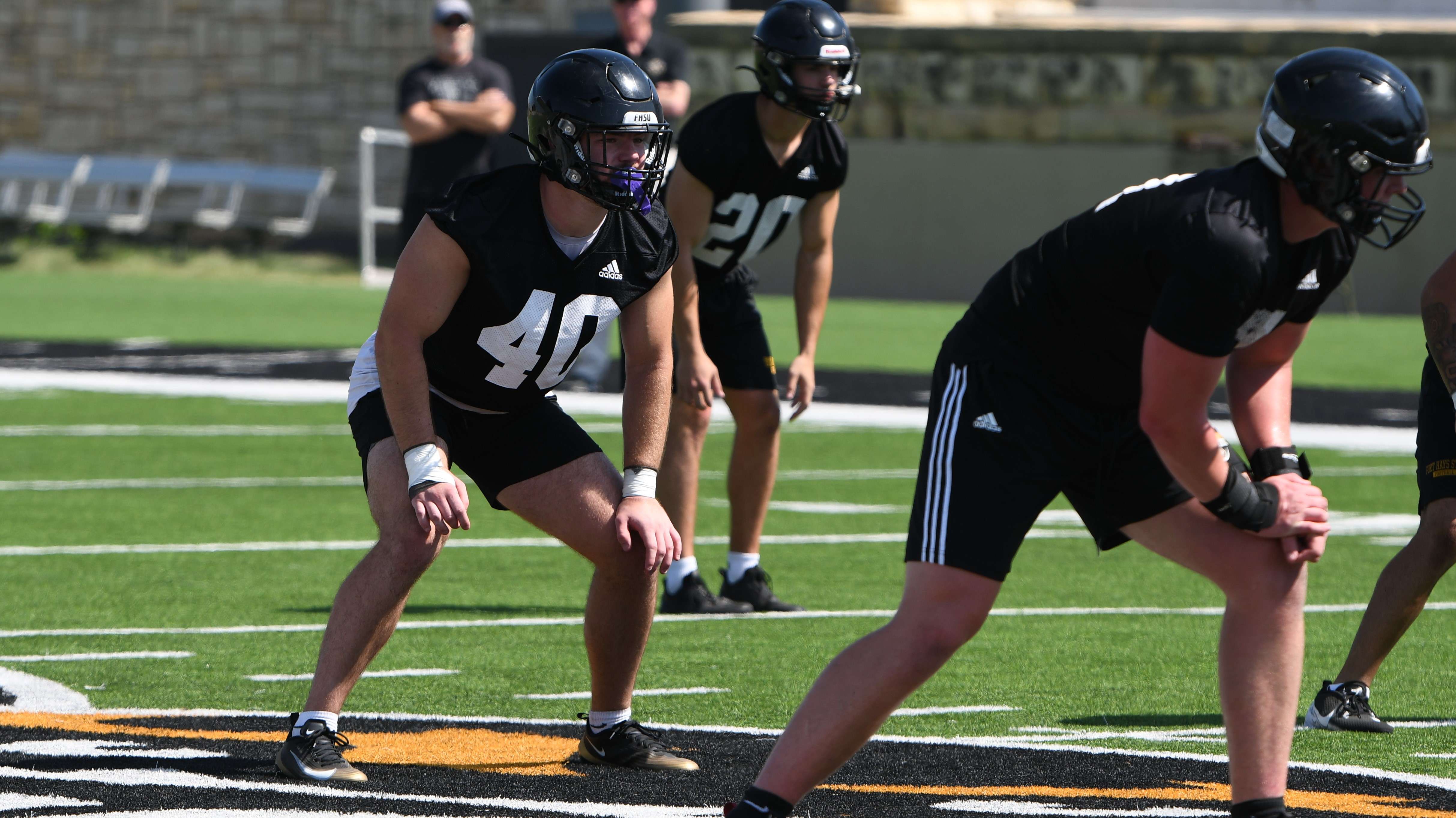 Fort Hays State linebacker Gavin Meyers (40) lines up to run a play during preseason camp at Lewis Field in Hays, Kan. (FHSU Athletics photo/Ryan Prickett)