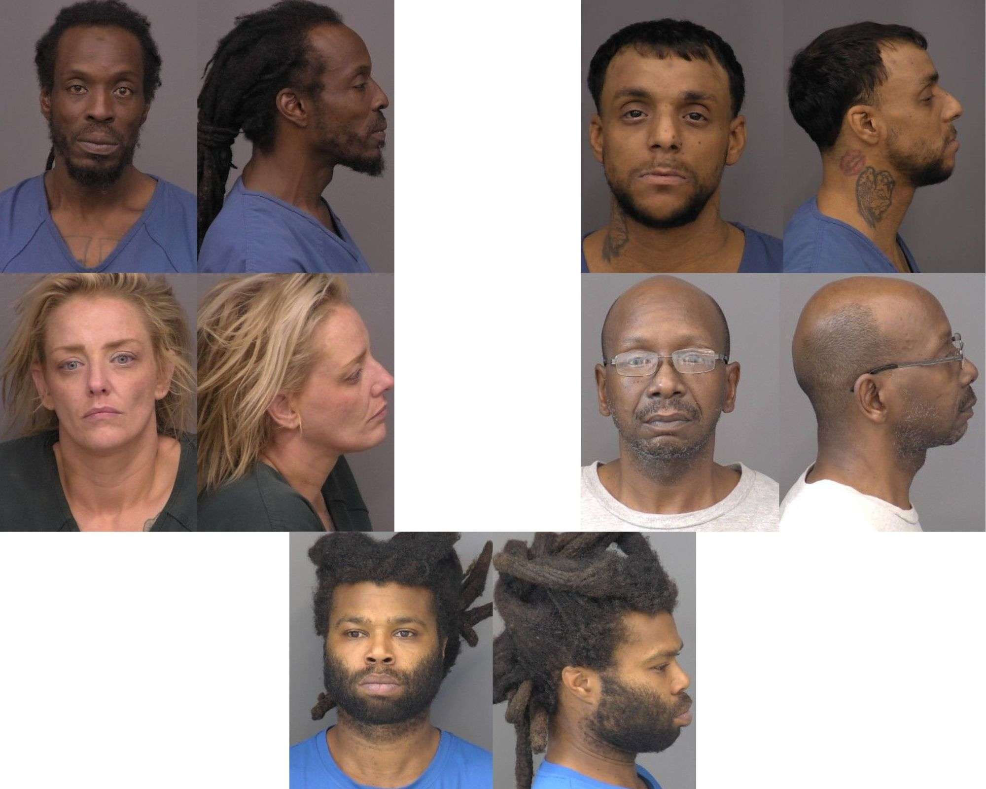 (top left) Antwon Pierce, (middle left) Kayla Sitton, (bottom) Ernest Reed, (middle right) Darryl Jones, (top right) Scott Gardner, five suspects arrested for alleged home invasion at Salina home on Friday, August 8th; photos courtesy of the Saline County Sheriff's Office