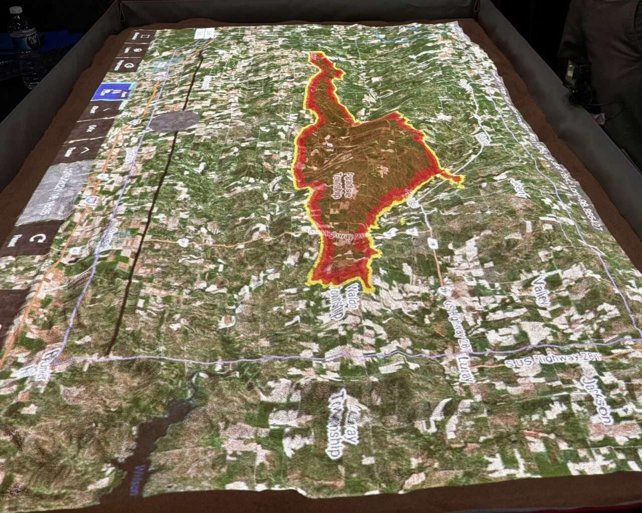 A SimTable projecting the 2021 Four County Fire at the Wildland Resilience Summit in Hays. Photo by Tony Guerrero/Hays Post