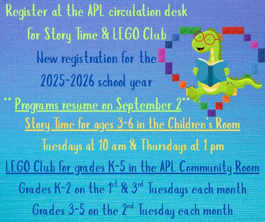Story Time and LEGO Club Info (courtesy Alliance Public Library)