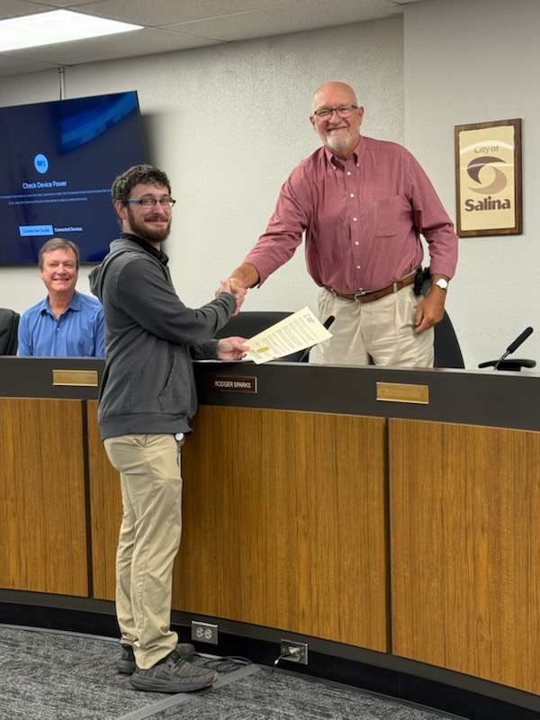 Kansas Certified Peer Mentor &amp; Harm Reduction Specialist for CKF, Justin Keen accepting proclamation for September as "Recovery Month" from Saline County Chairman, Rodger Sparks during the Saline County Commission meeting on Tuesday, August 12. Photo by Chelsey Eberwein, Manager of Adolescent Services &amp; Community Engagement at CKF