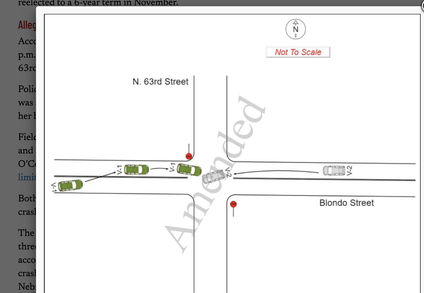 A police-drawn diagram of a crash on May 21 allegedly involving University of Nebraska Regent Elizabeth O’Connor, whose vehicle is meant to be illustrated in green. (Courtesy of Omaha Police Department)