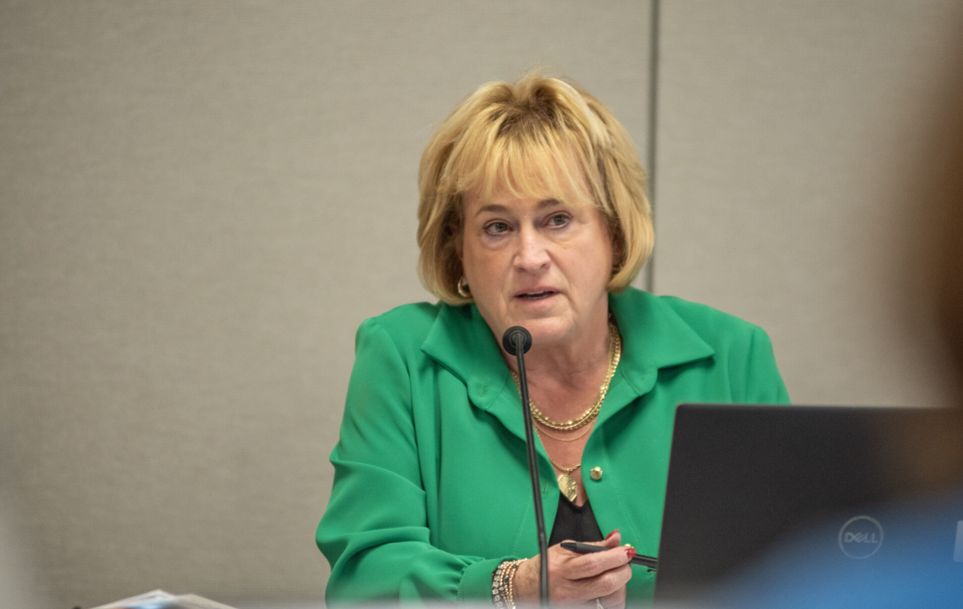 Missouri Commissioner of Education Karla Eslinger reacts to a presentation on a plan to rework the Missouri Schools for the Severely Disabled during a State Board of Education meeting in May (Annelise Hanshaw/Missouri Independent).