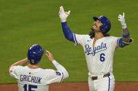 Kansas City Royals' Jonathan India (6) celebrates after hitting a two-run home run during the sixth inning of a baseball game against the Washington Nationals, Tuesday, Aug. 12, 2025, in Kansas City, Mo. (AP Photo/Charlie Riedel)