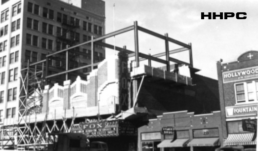 Fox Theatre - Third Floor Construction - 18 E. 1st - 1946 (showing Fisher Drug, Health Spot Shoes &amp; Hollywood Grill). Courtesy of the Conard-Harmon Collection.