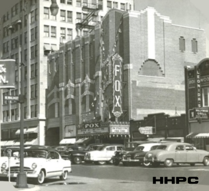 Fox Theatre - 18 E. 1st - 1954 (showing Wiley's, Rhodes Drugs &amp; Leonida's Hollywood Grill). Courtesy of the Conard-Harmon Collection.