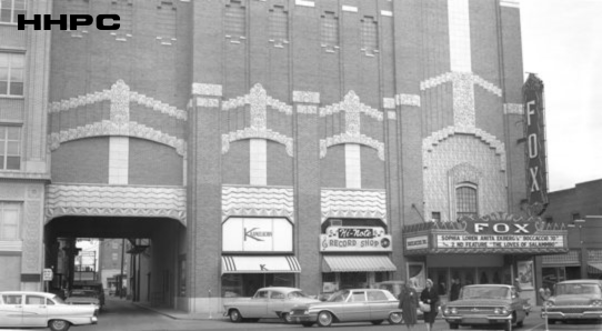 Karmelkorn Shoppe - 14 E. 1st - Hi-Note Record Shop - 16 E. 1st - Fox Theatre - 18 E. 1st - 1962. Courtesy of the Conard-Harmon Collection.