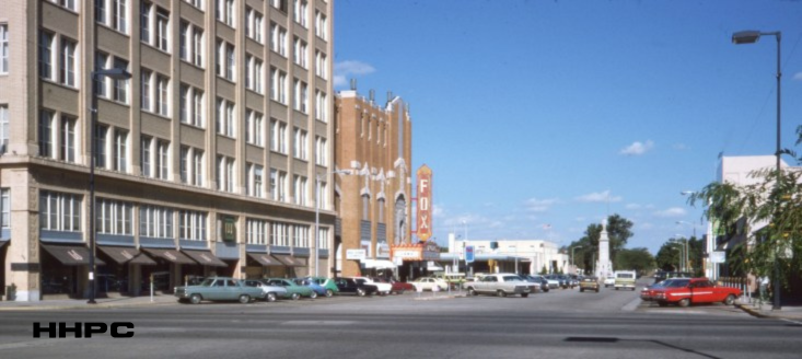 Fox Theatre - 1st &amp; Main - Looking East - 1975 (shows Fox Theatre &amp; Soldiers &amp; Sailors Memorial). Courtesy of the Conard-Harmon Collection.