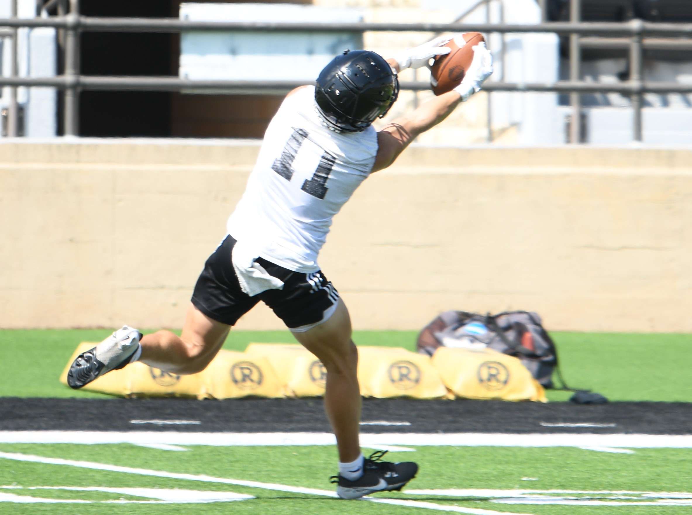 Fort Hays State wide receiver Ryan Allen makes a catch during FHSU preseason practice. (FHSU Athletics photo/Ryan Prickett)