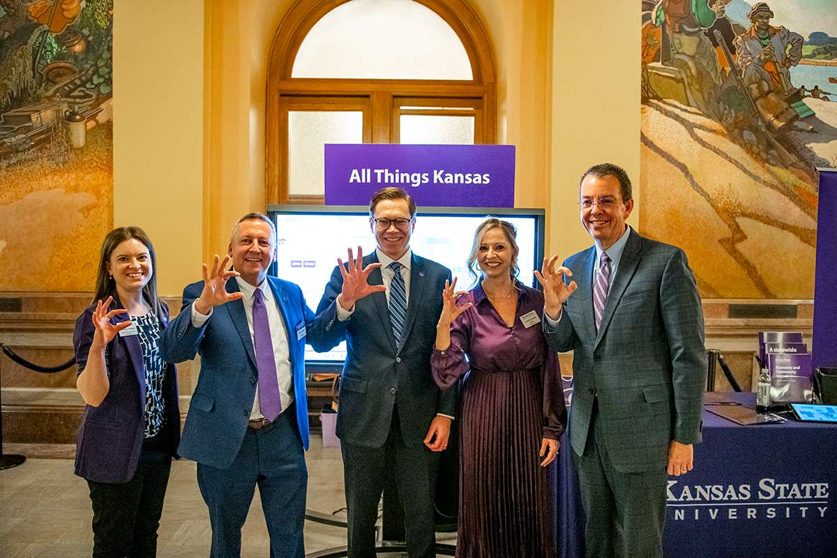 From left: Jennifer Tidball, communications director for K-State Economic Development; Richard Linton, K-State president; David Toland, Kansas lieutenant governor and secretary of commerce; Jessica Gnad, K-State director of Economic Development; and Marshall Stewart, K-State vice president of external engagement and chief of staff. All Things Kansas Impact Day group. Photo courtesy KSU.jpeg
