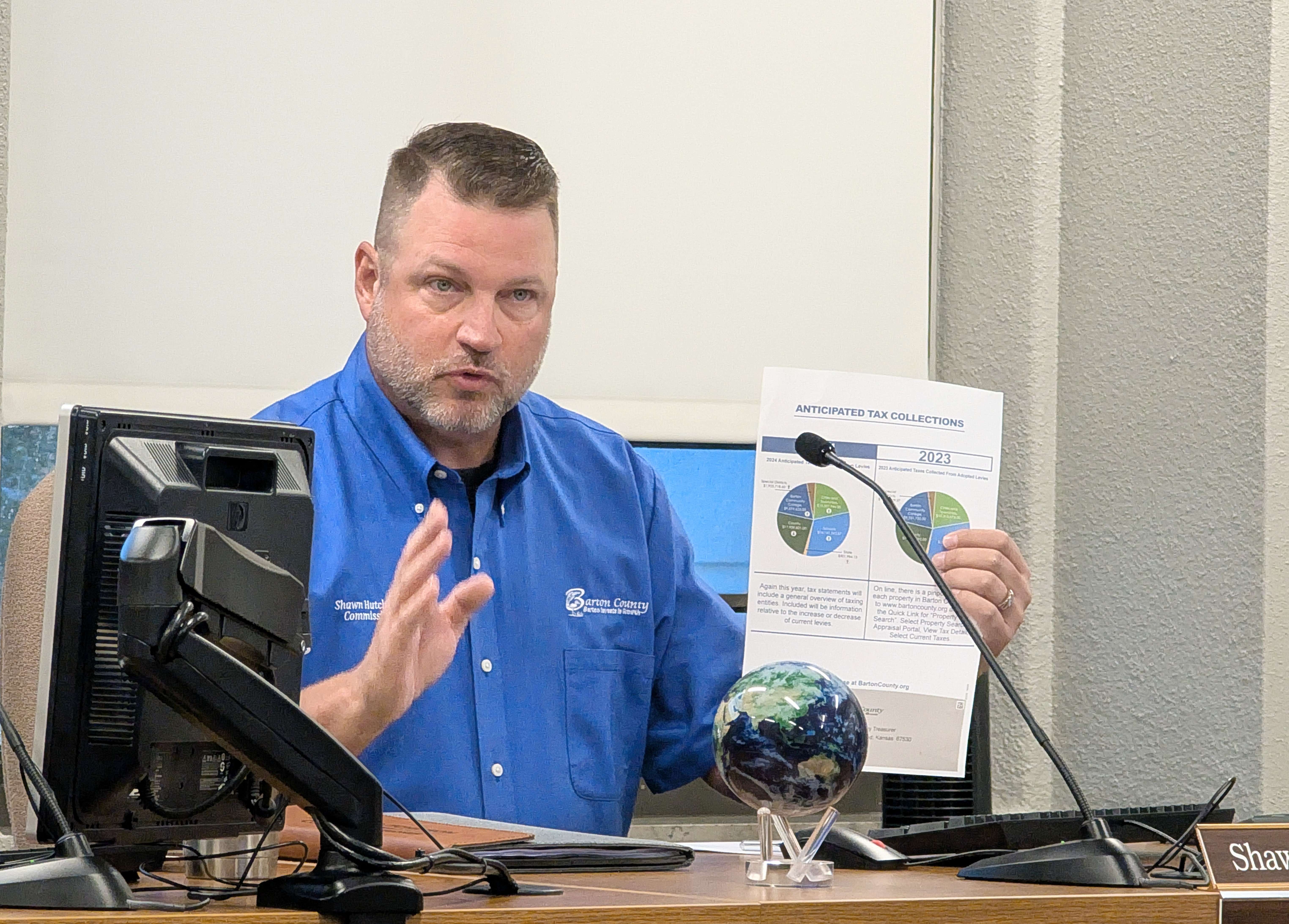Barton County Commissioner Shawn Hutchinson refers to pie charts to show the distribution of property taxes in the county, noting the county represents only about 20% of the total.