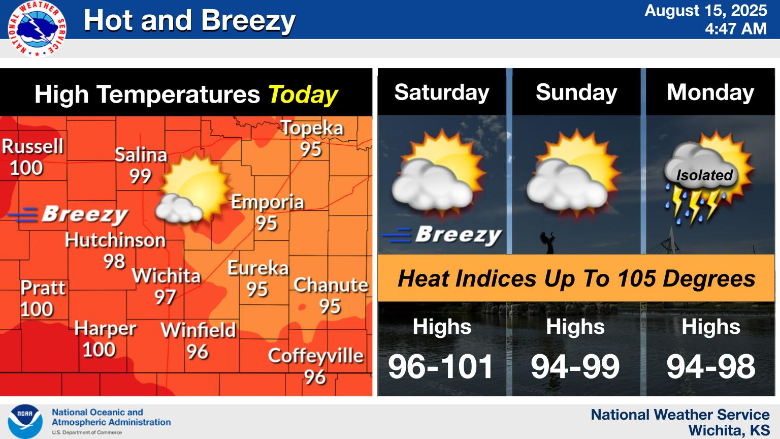 August 15 heat indices and heat advisories issued according to the US National Weather Service (Wichita, KS); courtesy photo