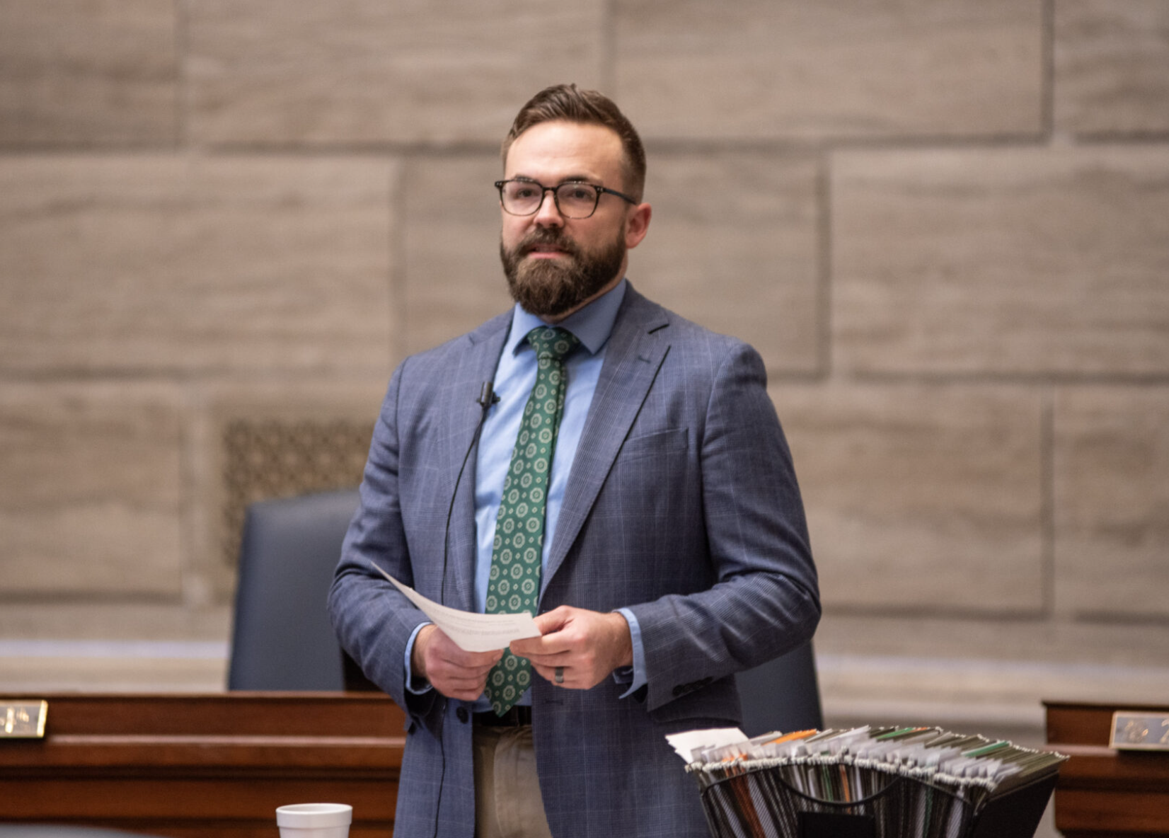  State Sen. Nick Schroer, a Defiance Republican, offers a floor substitute to his cannabis bill on April 9, kicking off a lengthy debate of the legislation (Annelise Hanshaw/Missouri Independent).