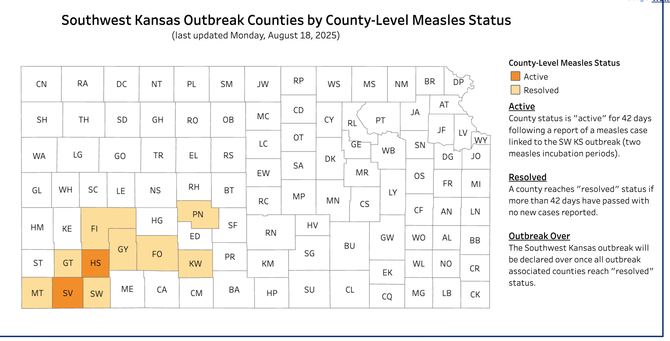 Kansas has reported. 90 cases but no a new case of measles in several weeks-Image Kansas Dept. of Health