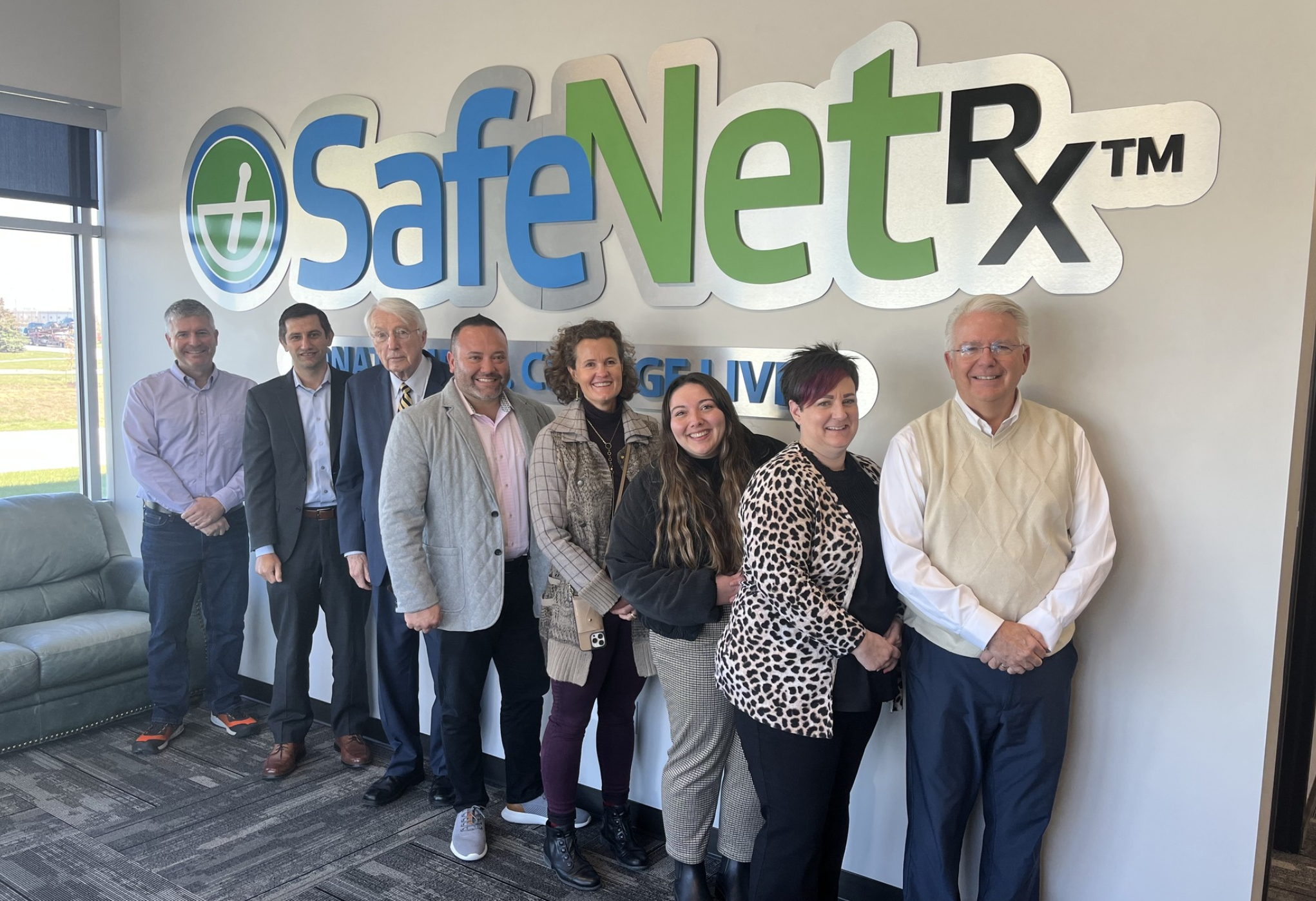 State Sen. Jana Hughes of Seward, center right, proposes partnering with Iowa nonprofit SafeNetRx to get safe, non-expired donated medications back to Nebraska. Multiple Nebraskans toured the facility Oct. 30, 2023. From left to right, Hughes’ legislative aide Matt Howe, Matthew Schaefer of Mueller Robak, State Sen. Merv Riepe of Ralston, SafeNetRx CEO Jon Rosmann, Hughes, Nebraska Pharmacists Association Haley Pertzborn and Amy Holman, and Iowa Rep. John Forbes, D-Urbandale. (Courtesy of State Sen. Jana Hughes)