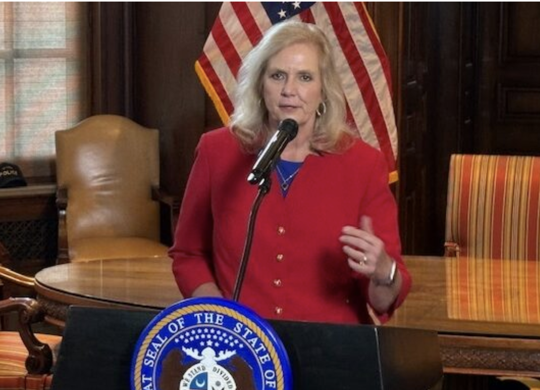 Catherine Hanaway talks to reporters on Aug. 19 after being announced as the state’s next attorney general (Jason Hancock/Missouri Independent).