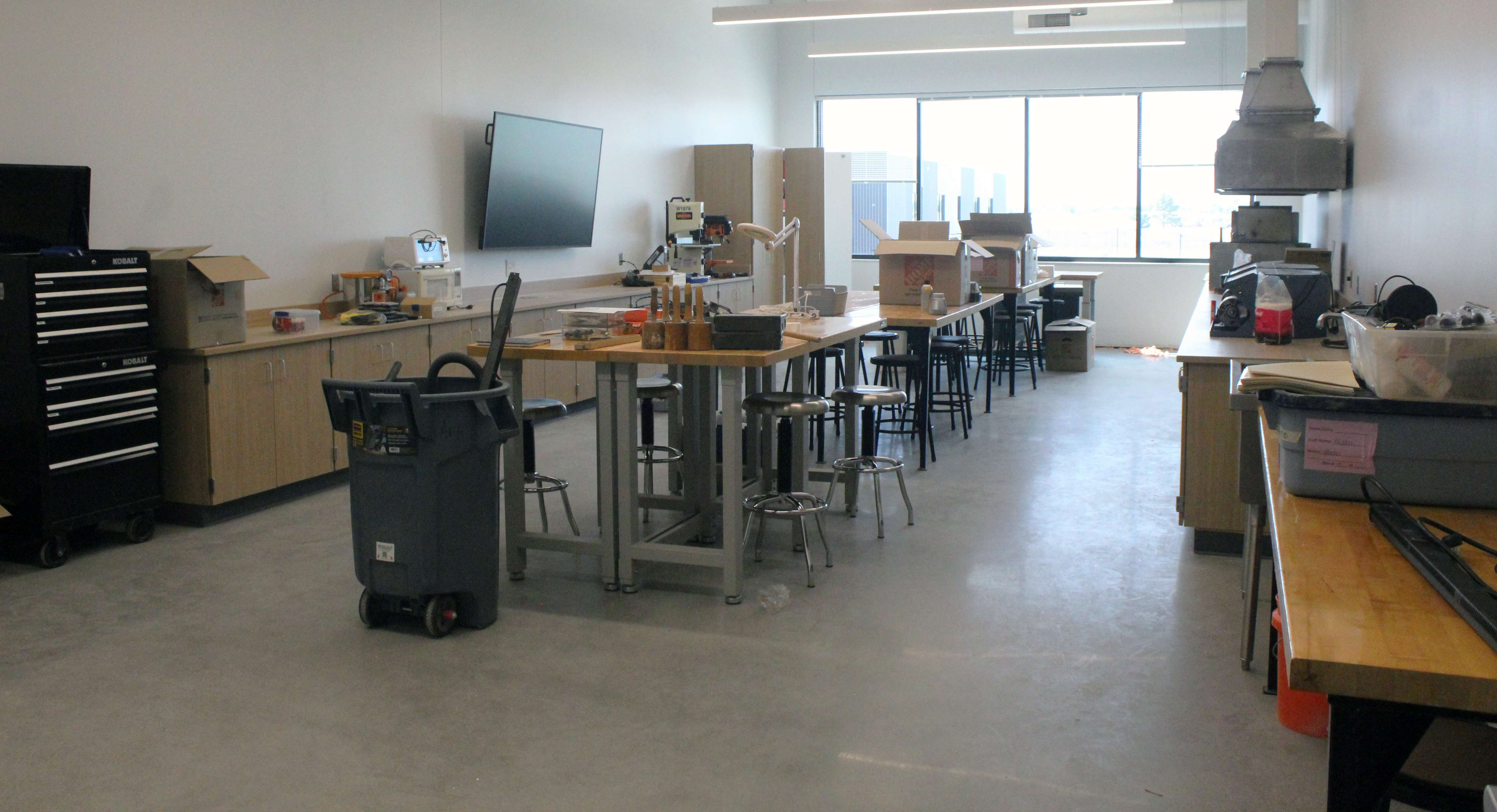 An art room in the new Hays High. The school has built-in display cases for art in this wing of the building. Photo by Cristina Janney/Hays Post