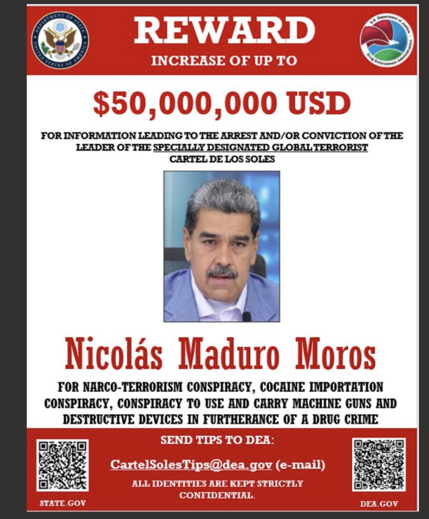 Earlier this month, the Trump government announced it was&nbsp;<a href="https://apnews.com/article/venezuela-fbi-bondi-justice-department-0e618369ca68b79b1a2143a95955344a">doubling to $50 million</a>&nbsp;a reward for the arrest of Venezuelan President Nicolás Maduro, accusing him of being one of the world’s largest narco-traffickers and working with cartels to flood the U.S. with fentanyl-laced cocaine.