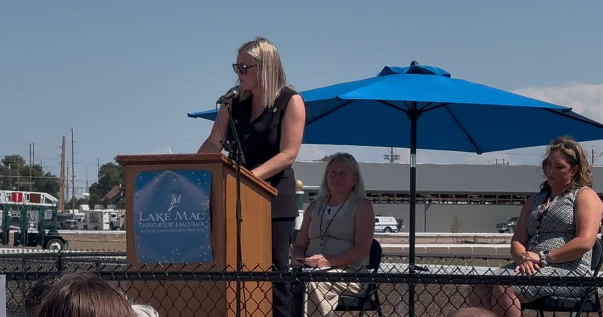 Mary Wilson, Keith County Area Development Director speaking at Lake Mac Casino, Resort and Racetrack grand opening on Tuesday, August 19