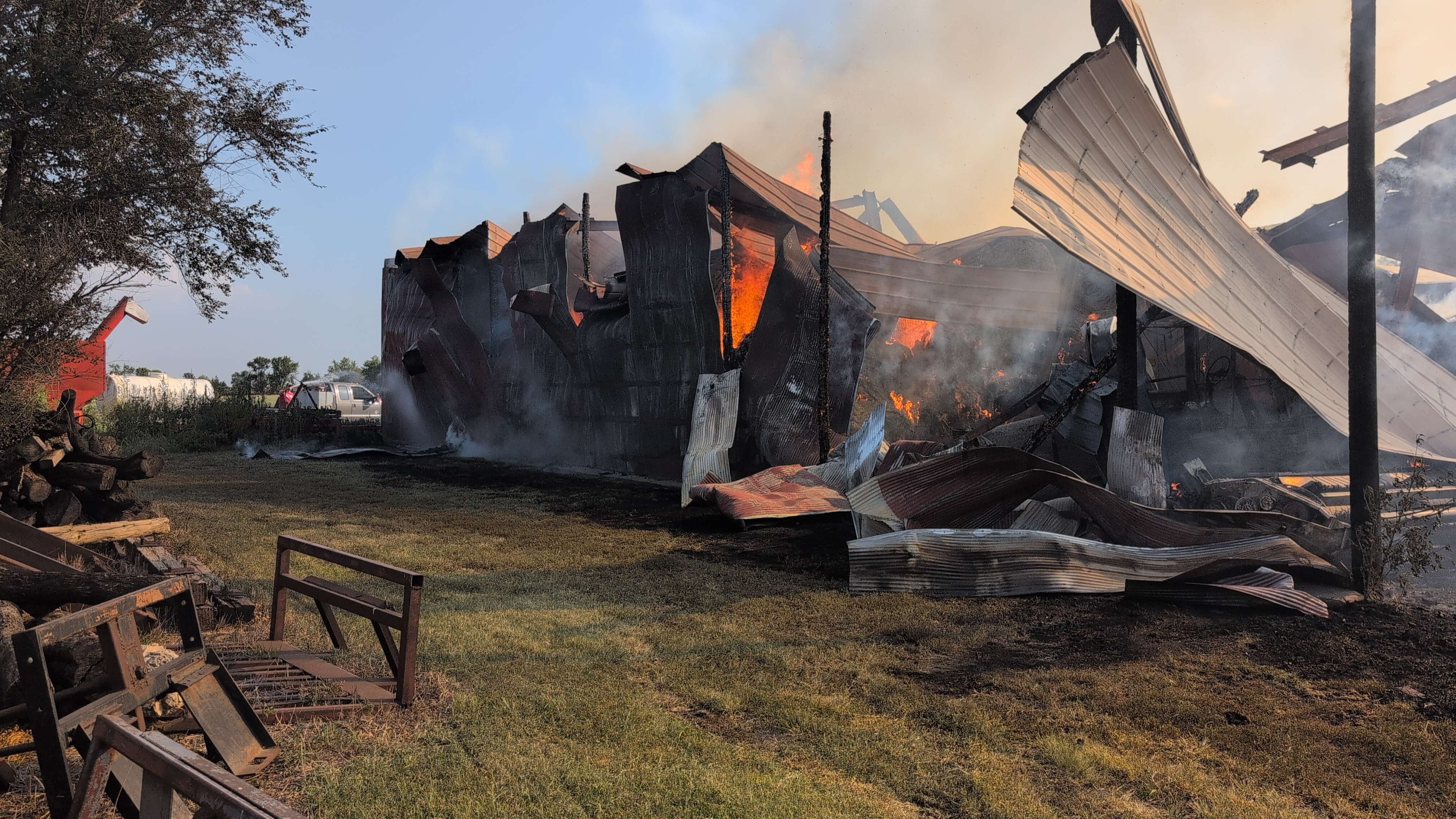 Metal building along with 150 hay bales and a swather were all destroyed by a fire at 6304 W. Thorstenberg Rd., rural Saline County. Courtesy&nbsp;Saline County Sheriff's Office