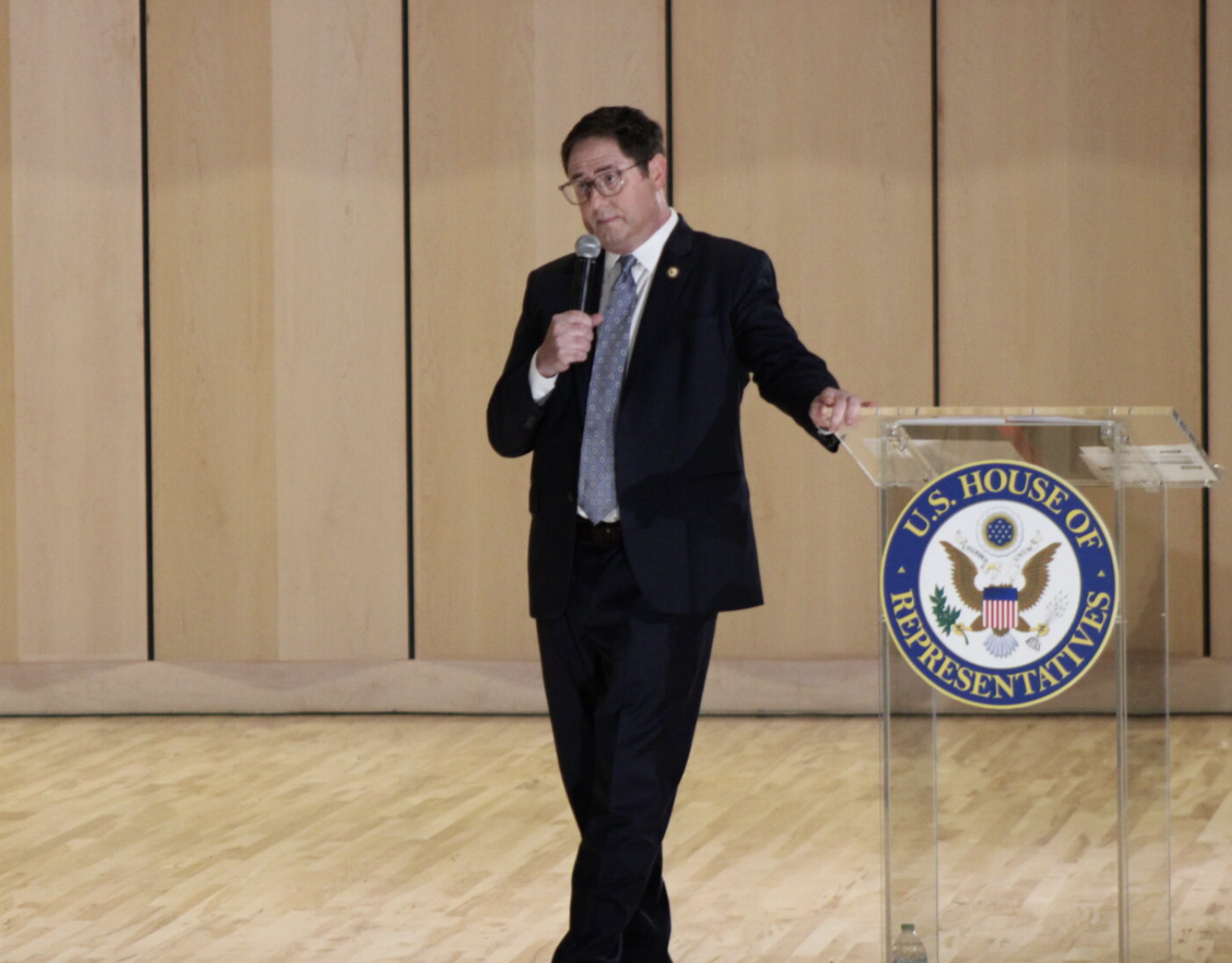 Nebraska U.S. Rep Mike Flood, R-Neb., during his town hall in Lincoln on Aug 4. 2025. (Juan Salinas II/Nebraska Examiner)