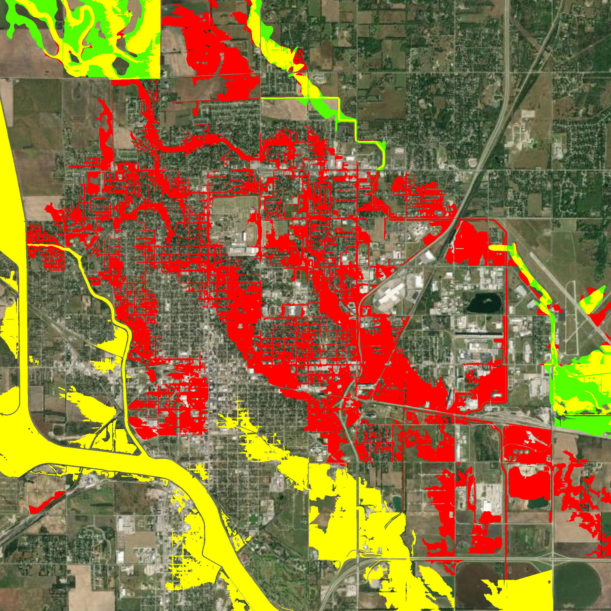 Floodplain changes - Red indicates addition to flood plain, yellow indicates areas that will remain in the floodplain and areas in green would be removed from flood plain (Map courtesy City of Hutchinson)