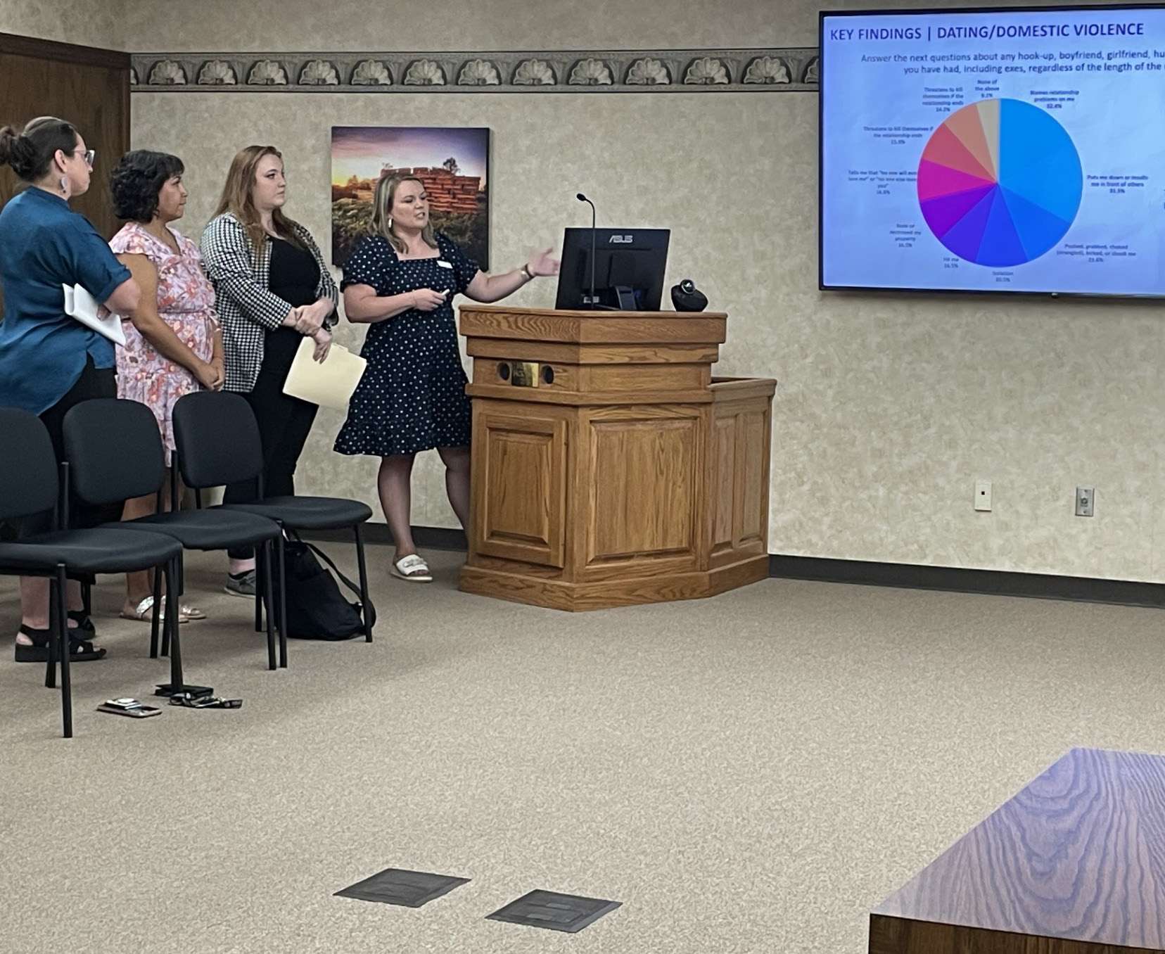 Representatives of Jana's Campaign and Options Domestic & Sexual Violence Services talk to Hays city commissioners on Aug. 21 about the Safe Bar Alliance and a potential ordinance change that would mandate bar employees complete the training as part of liquor license renewal requirements by the city. Photo by Becky Kiser/Hays Post