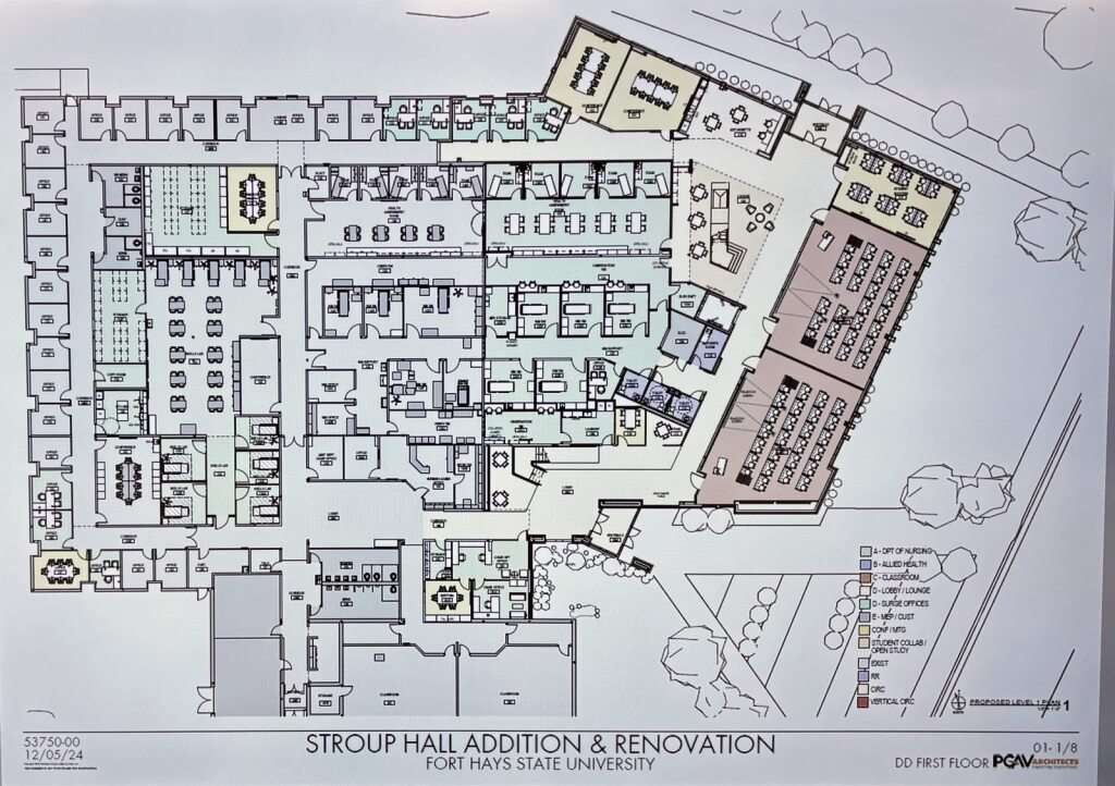A map layout of the first floor of the Fort Hays State University Stroup Hall renovation