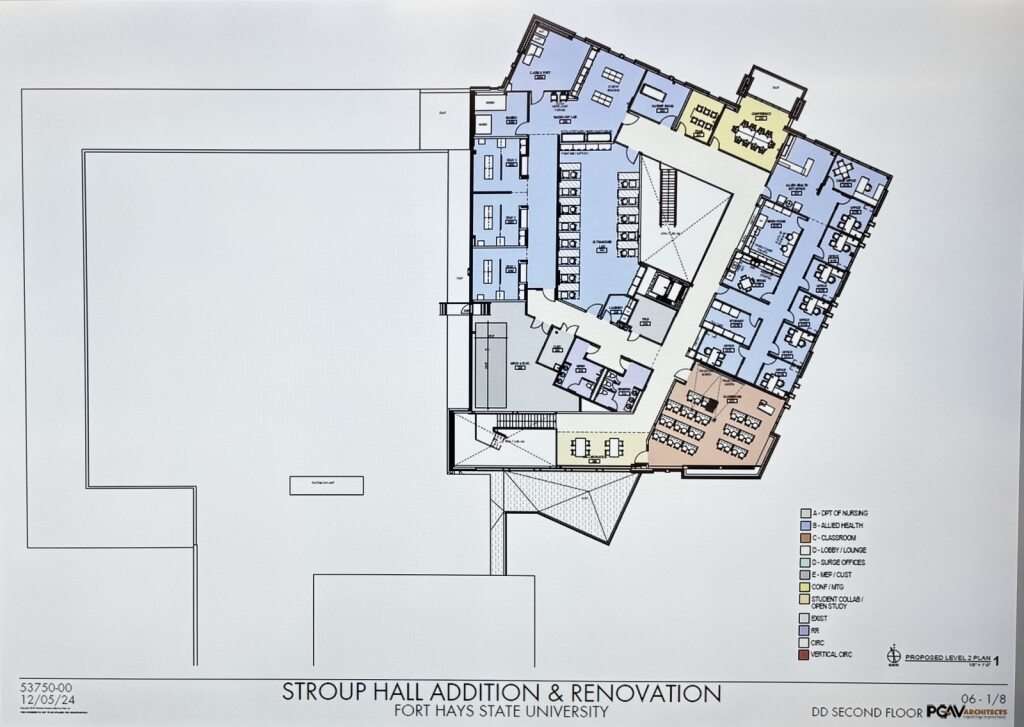 A map layout of the second floor of the Fort Hays State University Stroup Hall renovation