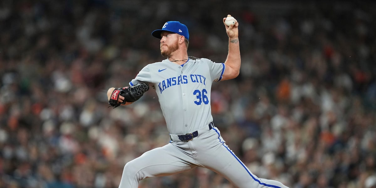 Kansas City Royals pitcher Bailey Falter throws against the Detroit Tigers in the seventh inning during a baseball game Friday, Aug. 22, 2025, in Detroit. (AP Photo/Paul Sancya)