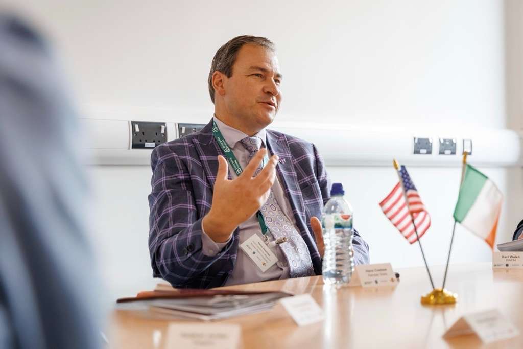 Hans Coetzee, K-State vice president for research, participates in a small group discussion at the One Health Ag Tech Summit in Ireland. (Photo courtesy K-State News and Communications Services)