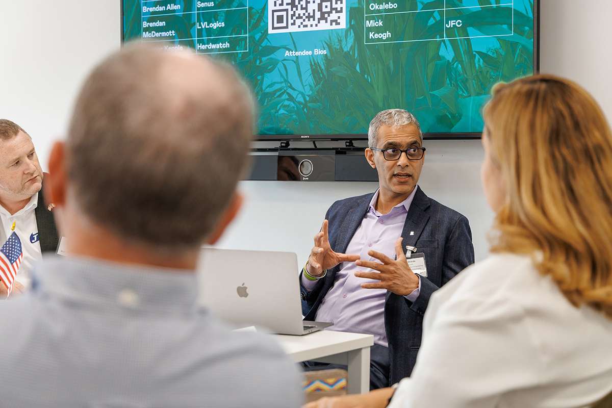 Ajay Sharda, university outstanding scholar and Terry Beemer Foundation Chair for Engineering Innovation in the biological and agricultural engineering department, presents at the One Health Ag Tech Summit. (Photo courtesy of K-State News and Communications Services) 