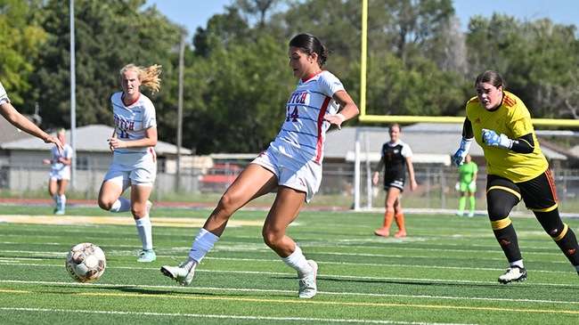 Isabella Puchinelli (14) is part of the new forward line for the 2025 Blue Dragon women's soccer team, which opens its season on Monday against No. 12 Trinity Valley at the Salthawk Sports Complex (Andrew Carpenter/Digital Fox Photography).