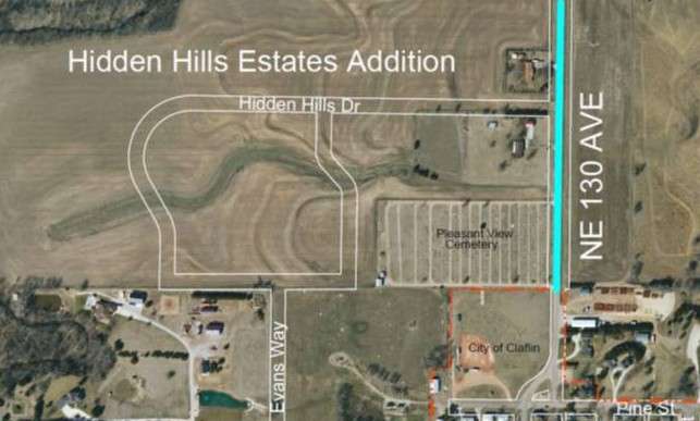 The shown aerial view of the new Hidden Hills Estates Addition, located northwest of Claflin. New speed limits were approved for the area by the Barton County Commission Tuesday morning.