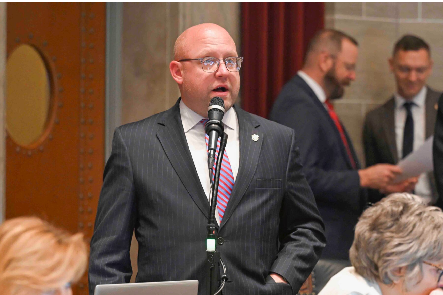 Missouri House Speaker Pro Tem Chad Perkins of Bowing Green speaks during debate Feb. 11 on his bill exempting capital gains from the state income tax (Tim Bommel/Missouri House Communications).