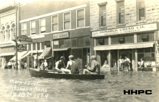 Monarch Cigars - 1929 Flood - 3 Men in a Boat (W&G Barber Shop, Hutchinson Hat Works, Monarch Cigar Co.). Courtesy of the Conard-Harmon Collection.