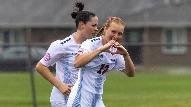 Freshman Isabell Van Fleet reacts after scoring her first career goal in the No. 15 Blue Dragons' 3-0 win over Western Wyoming on Wednesday at Don Michael Field. (Sydney Holzrichter/Blue Dragon Sports Information)