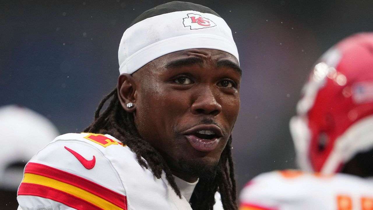 Kansas City Chiefs wide receiver Rashee Rice (4) reacts during warm ups before an NFL preseason football game against the Seattle Seahawks, Friday, Aug. 15, 2025, in Seattle. (AP Photo/Lindsey Wasson)