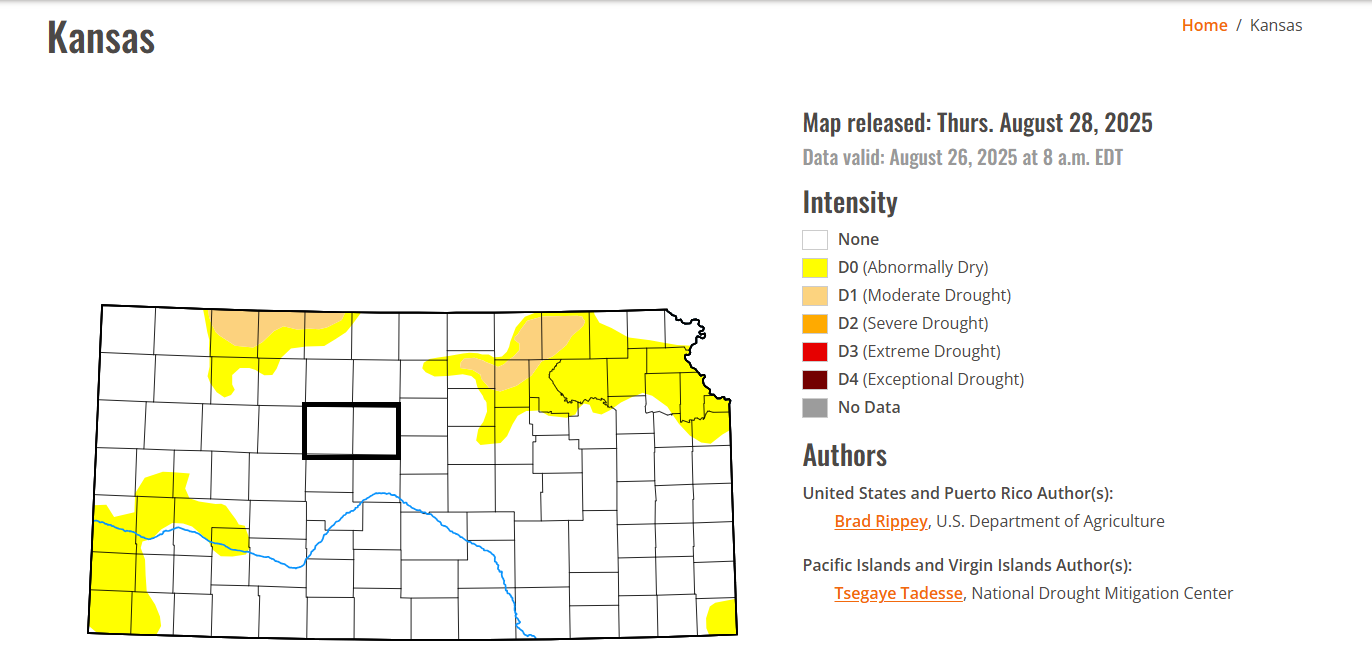 Ellis and Russell counties outlined in the U.S. Drought Monitor status map for Kansas as of Tuesday. 