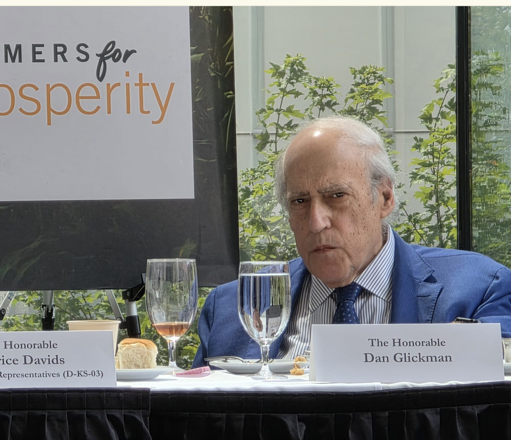 Former U.S. Agriculture Secretary Dan Glickman talked about international trade and diplomacy along with other concerns of Kansas farmers at a Wednesday U.S. Global Leadership Coalition meeting in Overland Park. (Morgan Chilson/Kansas Reflector)