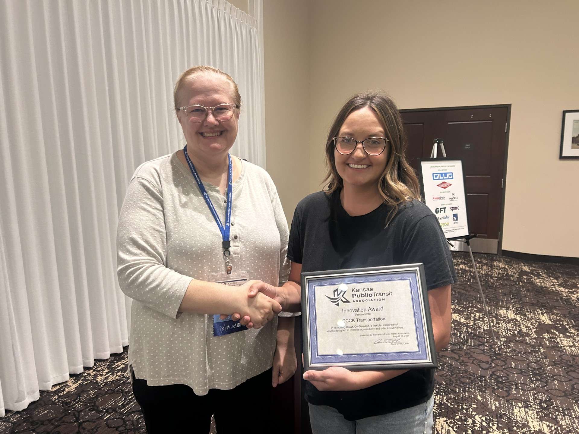 Trell Grinter, OCCK Transportation Director, with Anne Smith, Chair of the KPTA Board. Courtesy of OCCK Transportation Inc.