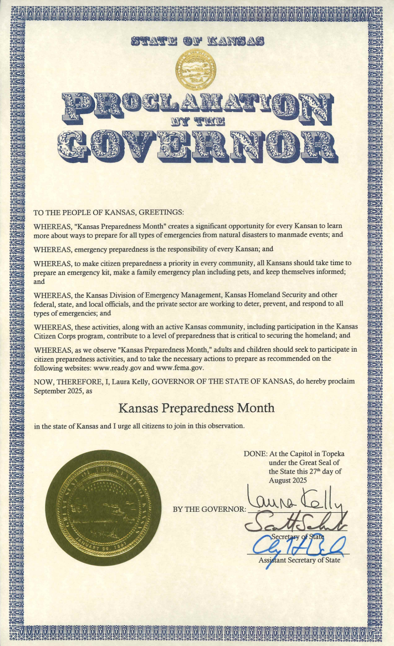 Proclamation of Governor Kelly proclaiming September as "Kansas Preparedness Month" to help Kansans be aware of natural and man-made disaster preparedness and protection. Courtesy of Jane Welch, Director of Public Affairs Office for Kansas.