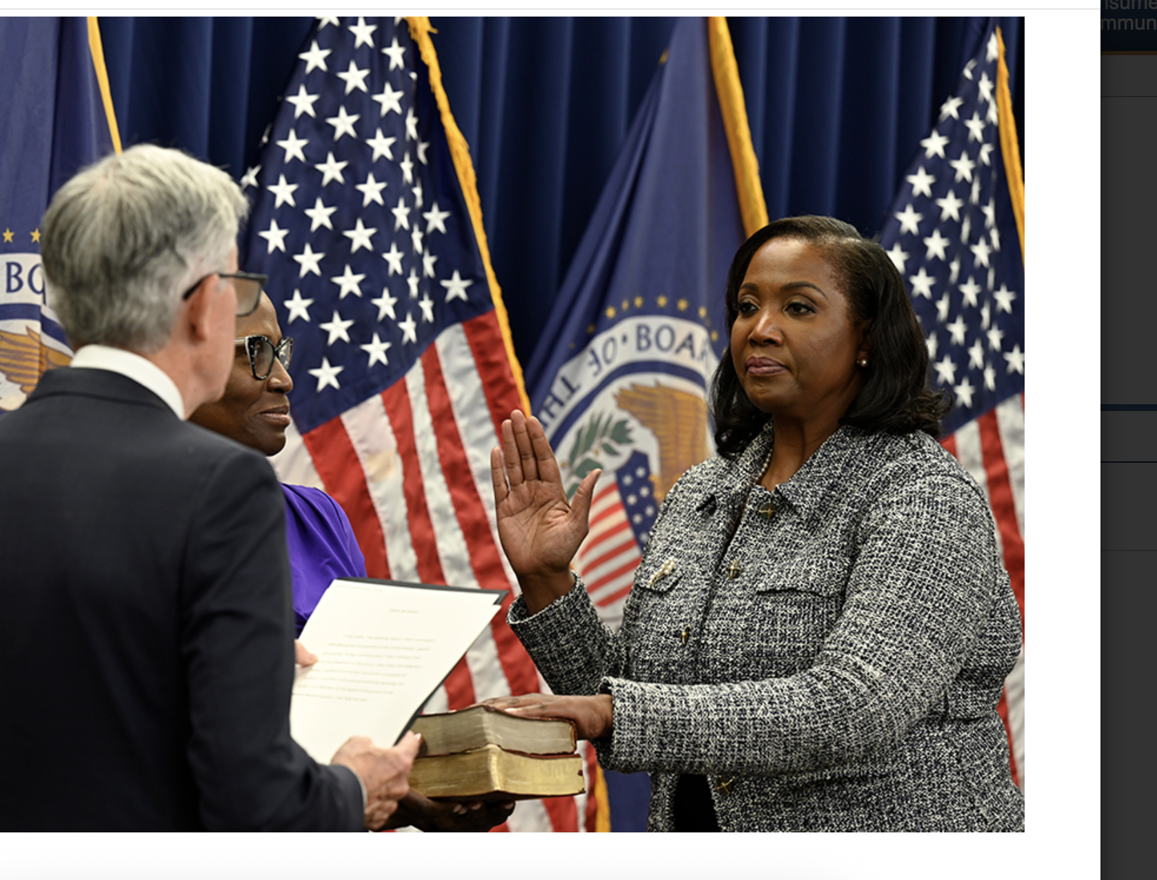 Chair Jerome H. Powell swears in Lisa D. Cook on May 23, 2022 as a member of the Board of Governors of the Federal Reserve System-photo courtesy Federal Reserve