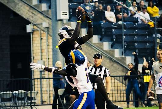 Fort Hays State wide receiver Ethan Hilliman hauls in a touchdown pass in the Tigers season opener vs. #13 Angelo State on Thursday, August 28, 2025 in Hays, Kan. (Hays Post photo/Jeff Leiker)