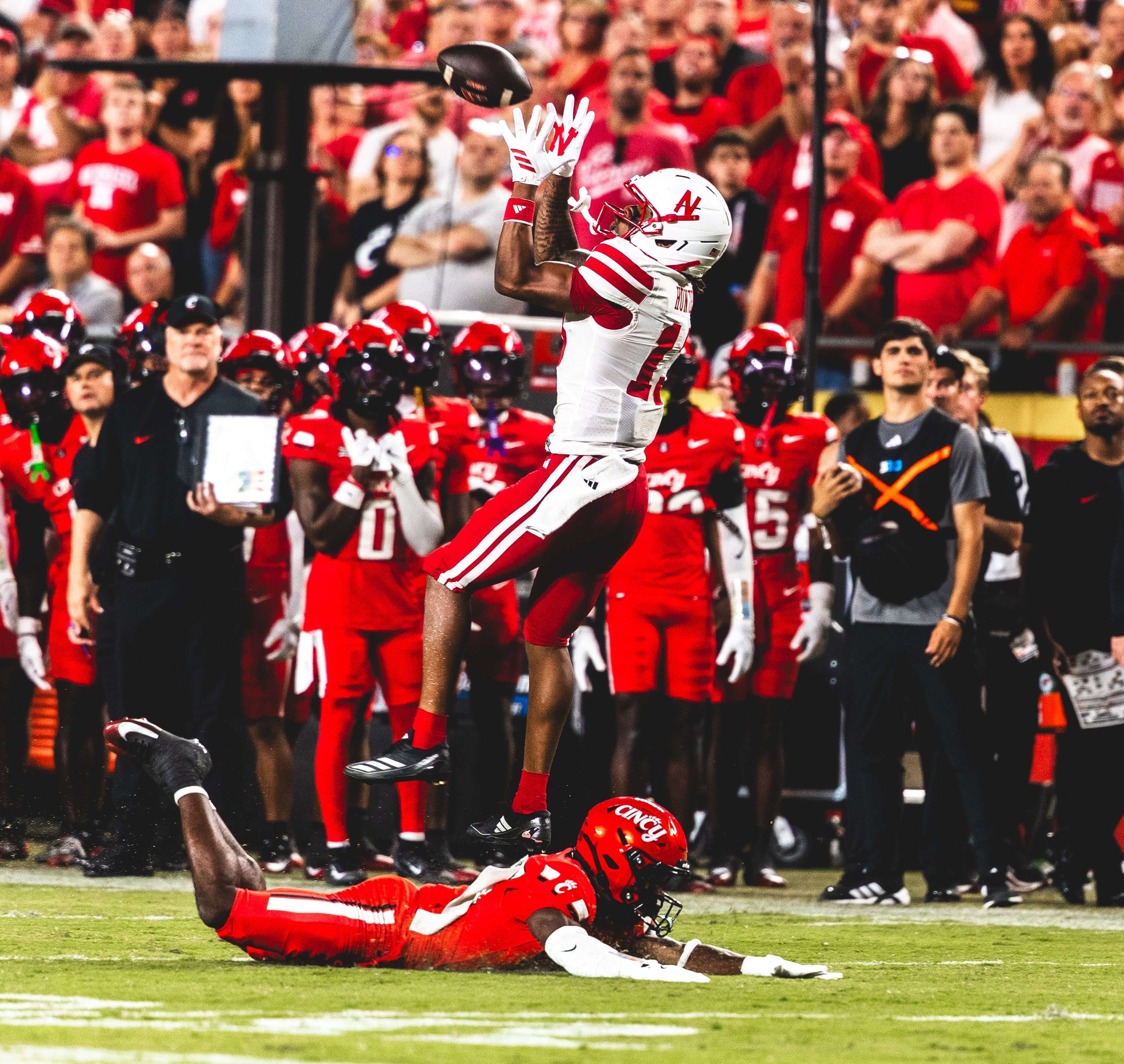 Nebraska wide receiver Nyziah Hunter goes up for a catch as the Cornhuskers opened the season with a 20-17 win over Cincinnati at Arrowhead Stadium/ Photo courtesy of Nebraska Football on X