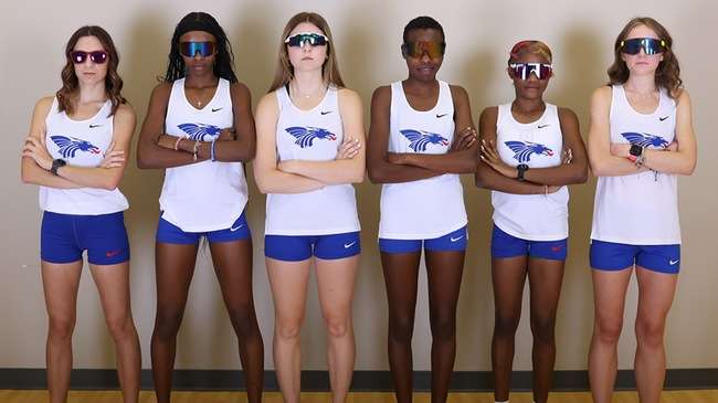 The 2025 Blue Dragon women's cross country team (l to r): Kimberlin Lovell, Sabrina McDonald, Mali Lovett, Mildred Rono, Ashara Frater and Eva Ramey open the season Friday at the Terry Masterson Twilight Classic at Fun Valley.