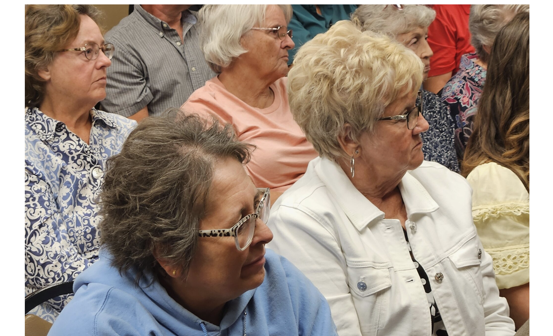  DeKalb County Clerk Melissa Meek, right, sits with with DeKalb County Assessor Tanya Zimmerman Wednesday during the hearing of the Missouri House Special Interim Committee on Property Tax Reform in Macon. Meek is one of the officials from five counties who are suing the State Tax Commission. (Rudi Keller/Missouri Independent)