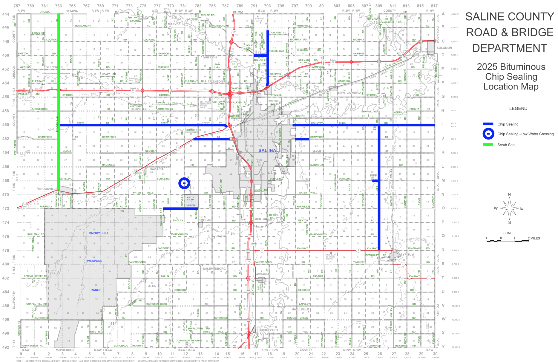 2025 Bituminous Chip Sealing road maintenance map to begin on Kipp rd. Courtesy of Saline County Road and Bridge Department